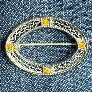 Lovely Antique 925 Sterling Silver Orange Rhinestone Oval Filigree Brooch Pin